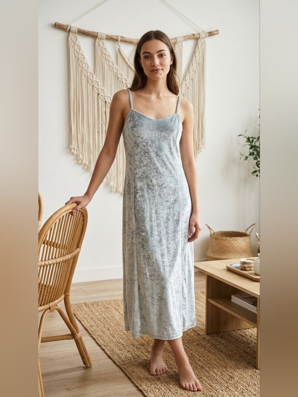 Soft Surroundings Sage Green Crushed Velvet Slip Dress L